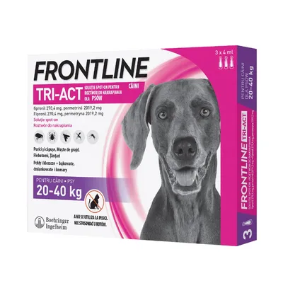 Frontline TRI-ACT roztwór do nakrapiania dla psów 20–40 kg, 3 x 4 ml. Fipronil 270,4 mg, permetryna 2019,2 mg. Nie stosować u kotów. Boehringer Ingelheim.