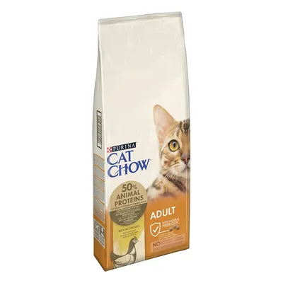 Confezione Purina Cat Chow Adult, 50% animal proteins, rich in chicken, with natural prebiotic. Immagine di un gatto e disegno di pollo visibili sulla confezione.