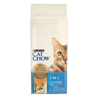 Purina Cat Chow 3 in 1, 50 % animal proteins, with turkey, with natural prebiotic, sans colorants, arômes ni conservateurs artificiels. Image d’un chat sur l’emballage.