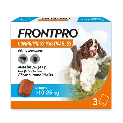 Frontpro comprimidos masticables, 68 mg de afoxolaner, para perros de 10-25 kg. Eficaz contra pulgas y garrapatas durante 30 días. Caja con 3 comprimidos.