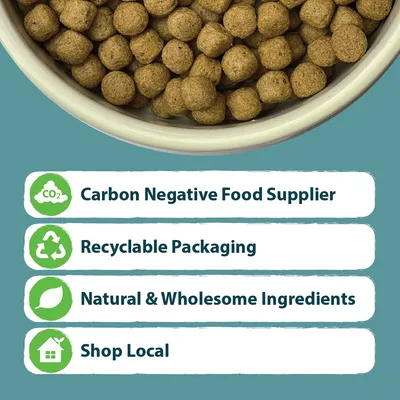 Bowl of kibble with text: Carbon Negative Food Supplier, Recyclable Packaging, Natural & Wholesome Ingredients, Shop Local.