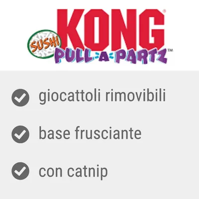 KONG Pull-A-Partz Sushi. Giocattoli rimovibili, base frusciante, con catnip.