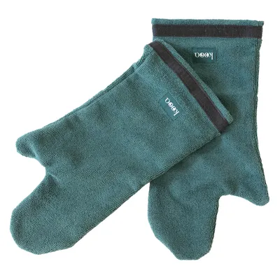 Kooa grüne Mikrofaser-Handschuhe mit schwarzem Rand, geeignet für Tierpflege.