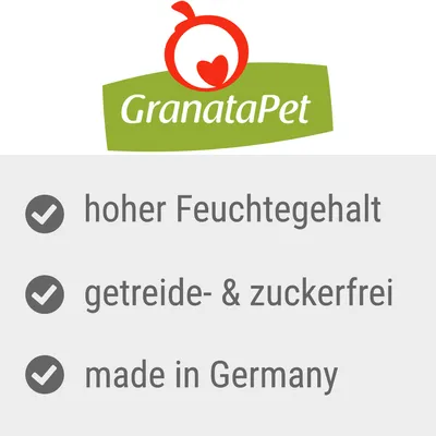 GranataPet. High moisture content, grain-free and sugar-free, made in Germany.