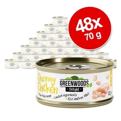 Greenwoods Delight Charming Chicken, 48x 70g Dosen. Getreidefreie Rezeptur, begrenzte Zutaten, 75% Hühnerfilet.