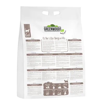 Greenwoods kattsandförpackning med produktinformation, sloganen "It's the litter things in life" och detaljer om dammfri, luktbindande och miljövänlig.