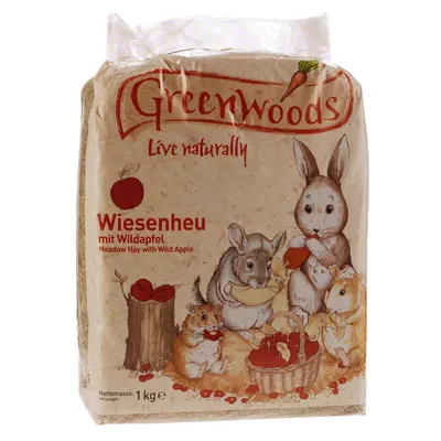 Greenwoods Wiesenheu mit Wildapfel, Nettomasse 1kg. Illustration von Tieren mit Äpfeln und Heu. Text: Live naturally.