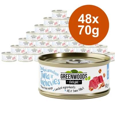 Greenwoods Delight hrana za mačke, Seafood Sensation: Tuna 'n' Anchovies, brez žit, 70 % fileja tune, 48 pločevink po 70 g.