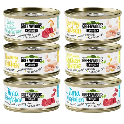 Greenwoods Delight cibo in lattina per gatti: varietà Doubly Delicious Mini Shrimp, Charming Chicken, Chicken & Cheese, Tuna Temptation. Senza cereali, ingredienti limitati, 70g per lattina.