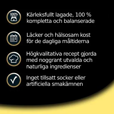 Kärleksfullt lagade, 100 % kompletta och balanserade. Läckra och hälsosamma måltider. Högkvalitativa recept med naturliga ingredienser. Inget tillsatt socker eller artificiella smakämnen.