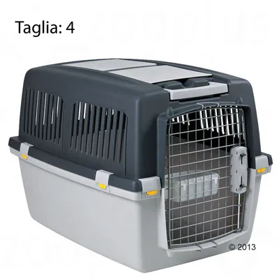 Trasportino in plastica e metallo con griglia frontale, colore grigio scuro e chiaro, testo visibile: Taglia: 4