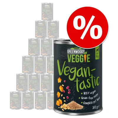 Greenwoods Veggie Vegan-tastic, 100 % vegánske, bezobilninová receptúra, kompletné krmivo pre zvieratá, 375 g konzerva. Veľké množstevné balenie so zľavovým symbolom (%).