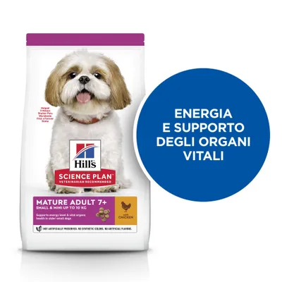 Hill's Science Plan Mature Adult 7+ Small & Mini up to 10 kg con pollo. Testo: Energia e supporto degli organi vitali. Nessun conservante, colorante o aroma artificiale.