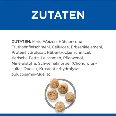 Zutaten: Mais, Weizen, Hühner- und Truthahnfleischmehl, Cellulose, Erbsenkleiemehl, Proteinhydrolysat, Rübentrockenschnitzel, tierische Fette, Leinsamen, Pflanzenöl, Mineralstoffe.