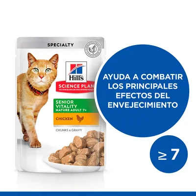 Hill's Science Plan Senior Vitality Mature Adult 7+ Chicken, trozos en salsa. Texto: Ayuda a combatir los principales efectos del envejecimiento. Símbolo: ≥ 7.