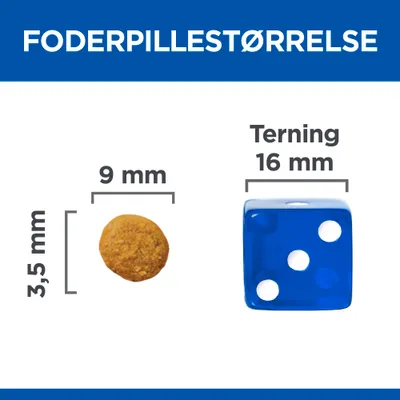 Foderpillestørrelse: foderpille 9 mm bred, 3,5 mm høj. Til sammenligning vises en terning med tekst 'Terning 16 mm'.