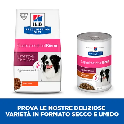 Hill's Prescription Diet Gastrointestinal Biome per cani, confezione secca e umida. Testo: Prova le nostre deliziose varietà in formato secco e umido.