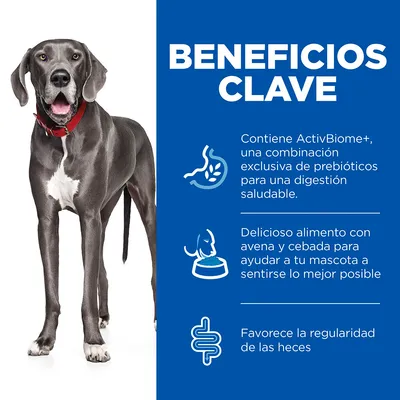 Beneficios clave: contiene ActivBiome+, prebióticos para digestión saludable, alimento con avena y cebada, favorece la regularidad de las heces.