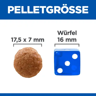 Pelletgrösse: Rundes Pellet 17,5 x 7 mm im Vergleich zu einem Würfel mit 16 mm Kantenlänge.