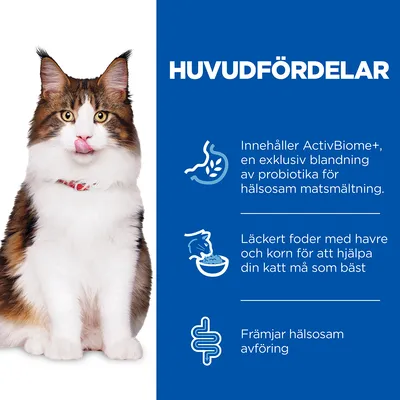HUVUDFÖRDELAR: Innehåller ActivBiome+, en exklusiv blandning av probiotika för hälsosam matsmältning. Läckert foder med havre och korn. Främjar hälsosam avföring.
