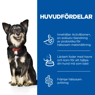 HUVUDFÖRDELAR: Innehåller ActivBiome+, en exklusiv blandning av probiotika för hälsosam matsmältning. Läckert foder med havre och korn. Främjar hälsosam avföring.