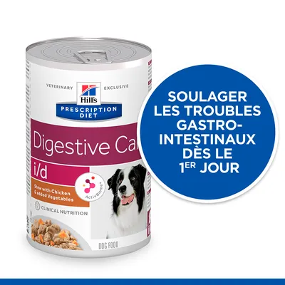 Hill's Prescription Diet Digestive Care i/d, Stew with Chicken & added Vegetables. Texte : Soulager les troubles gastro-intestinaux dès le 1er jour.
