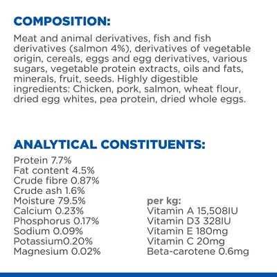 Sammensætning: kød, animalske biprodukter, fisk (laks 4 %), vegetabilske biprodukter, korn, æg, sukker, olier, mineraler. Analyse: protein 7,7 %, fedt 4,5 %, fugt 79,5 %, vitaminer pr. kg.