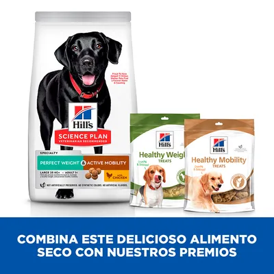Pienso Hill's Science Plan Perfect Weight & Active Mobility para perros grandes, junto a premios Healthy Weight y Healthy Mobility. Texto: Combina este delicioso alimento seco con nuestros premios.