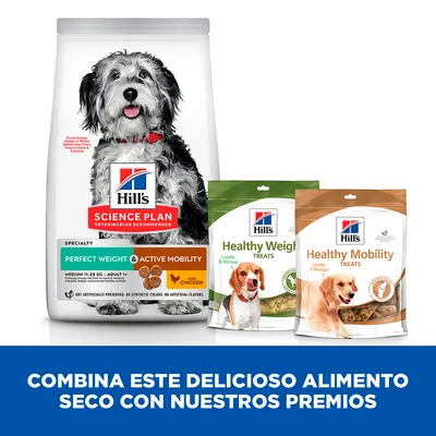 Pienso Hill's Science Plan Perfect Weight & Active Mobility para perros medianos, junto a premios Healthy Weight y Healthy Mobility Treats. Texto: Combina este delicioso alimento seco con nuestros premios.