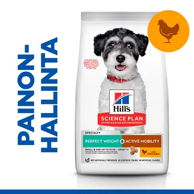 Hill's Science Plan Perfect Weight & Active Mobility koiranruoka, painonhallinta, kanaa. Pakkauksessa teksti: SMALL & MINI UP TO 10 KG - ADULT 1+. Oranssi kanan kuva oikeassa yläkulmassa. Hill's Science Plan Perfect Weight & Active Mobility koiranruoka, painonhallinta, kanaa. Pakkauksessa teksti: SMALL & MINI UP TO 10 KG - ADULT 1+. Oranssi kanan kuva oikeassa yläkulmassa.