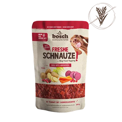 bosch FRESHE SCHNAUZE Dog Food Topping, Erfolg Hitts Ackermisch, veganské, 200g, bez obilovin, z Bádenska-Württemberska, s obrázky zeleniny a obrázkem psa. bosch FRESHE SCHNAUZE Dog Food Topping, Erfolg Hitts Ackermisch, veganské, 200g, bez obilovin, z Bádenska-Württemberska, s obrázky zeleniny a obrázkem psa.