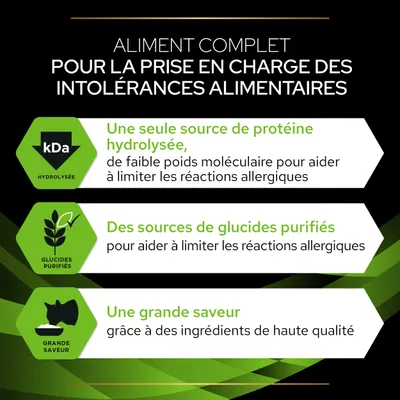 Aliment complet pour intolérances alimentaires : une seule source de protéine hydrolysée, des sources de glucides purifiés, grande saveur grâce à des ingrédients de haute qualité.