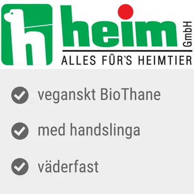 heim GmbH ALLES FÜR'S HEIMTIER. veganskt BioThane, med handslinga, väderfast. Text på tyska och svenska.