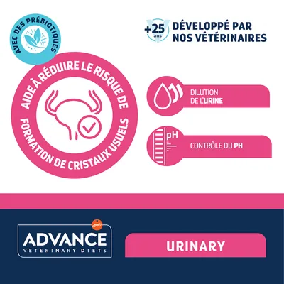 Advance Veterinary Diets Urinary. Avec des prébiotiques, développé par des vétérinaires. Contribue à réduire le risque de cristaux urinaires, à diluer l'urine et à contrôler le pH. Advance Veterinary Diets Urinary. Avec des prébiotiques, développé par des vétérinaires. Contribue à réduire le risque de cristaux urinaires, à diluer l'urine et à contrôler le pH.