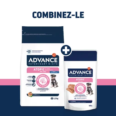ADVANCE Veterinary Diets Atopic Mini <10 kg, aliment sec à la truite 1,5 kg et aliment humide à la dinde 150 g. Combinaison recommandée. ADVANCE Veterinary Diets Atopic Mini <10 kg, aliment sec à la truite 1,5 kg et aliment humide à la dinde 150 g. Combinaison recommandée.
