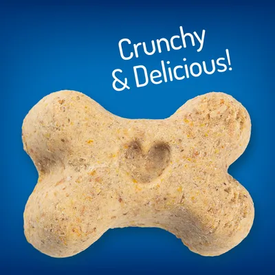 Hondenkoekje in botvorm met hartvormige indruk, tekst: Crunchy & Delicious!