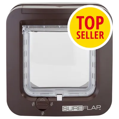 Porta per animali marrone con scritta SureFlap, selettore rotante e badge giallo con testo rosso 'TOP SELLER' in alto a destra.