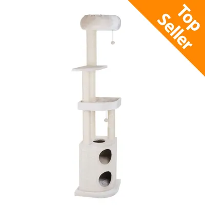 Tiragraffi beige a più livelli con cuccia superiore, piattaforme, giochi pendenti e base con due aperture. Angolo arancione in alto a destra con testo: Top Seller.