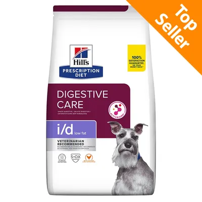 Hill's Prescription Diet Digestive Care i/d low fat, raccomandato dai veterinari. 100% satisfaction guarantee. Top Seller. Immagine di confezione con cane.