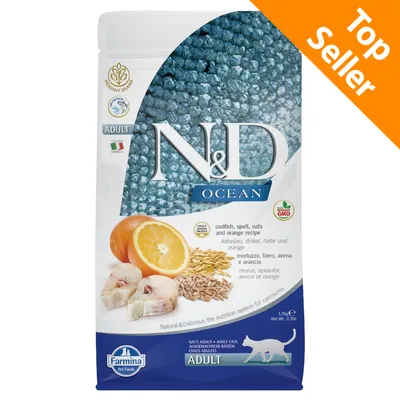 Farmina N&D Ocean Adult, merluzzo, farro, avena e arancia, per gatti adulti. Scritta Top Seller in alto a destra. Immagini di arancia, pesce e cereali sulla confezione.
