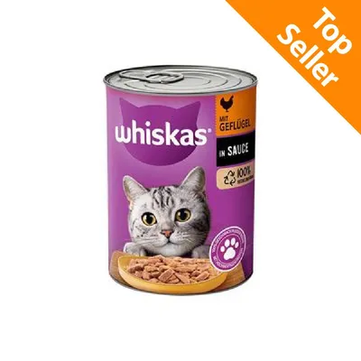 Scatoletta Whiskas con immagine di gatto, scritta 'mit Geflügel in Sauce', simbolo riciclabile 100%, etichetta Top Seller in alto a destra.