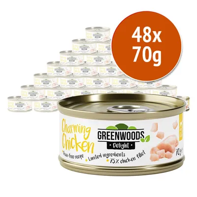 48 lattine da 70 g di Greenwoods Delight Charming Chicken, ricetta senza cereali, ingredienti limitati, 75% filetto di pollo. Testo visibile in inglese sull'etichetta.