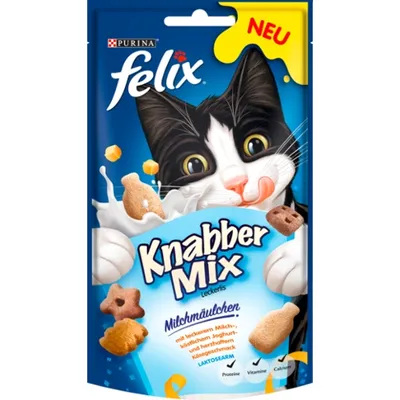 Purina felix Knabber Mix Leckerlis, Milchmäulchen, laktosearm, proteini, vitamini, kalcij. Tekst na njemačkom jeziku. Slika mačke i keksića na pakiranju.