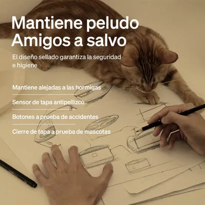 Diseño sellado para mayor seguridad e higiene, mantiene alejadas a las hormigas, sensor en la tapa para evitar atrapamientos, botones a prueba de accidentes, cierre seguro de la tapa. Diseño sellado para mayor seguridad e higiene, mantiene alejadas a las hormigas, sensor en la tapa para evitar atrapamientos, botones a prueba de accidentes, cierre seguro de la tapa.