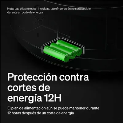 Protección en caso de corte de energía: el plan de alimentación permanece activo hasta 12 horas. Nota: las pilas no están incluidas, la refrigeración no es posible durante un corte de energía. Protección en caso de corte de energía: el plan de alimentación permanece activo hasta 12 horas. Nota: las pilas no están incluidas, la refrigeración no es posible durante un corte de energía.