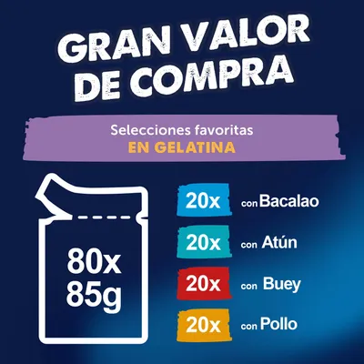 Jumbopack Felix Fantastic 80 x 85 g - Mix de carne y pescado en gelatina (vacuno, pollo, atún, bacalao) Jumbopack Felix Fantastic 80 x 85 g - Mix de carne y pescado en gelatina (vacuno, pollo, atún, bacalao)