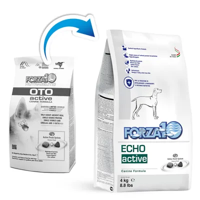 Ancien emballage Forza10 Oto active à gauche, nouvel emballage Forza10 Echo active Canine Formula 4 kg à droite, avec schéma de transition entre les deux sacs. Ancien emballage Forza10 Oto active à gauche, nouvel emballage Forza10 Echo active Canine Formula 4 kg à droite, avec schéma de transition entre les deux sacs.
