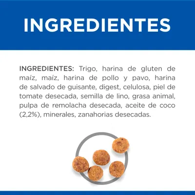 Ingredientes: trigo, harina de gluten de maíz, maíz, harina de pollo y pavo, salvado de guisante, digest, celulosa, tomate desecado, lino, grasa animal, remolacha, coco 2,2 %, minerales, zanahoria.