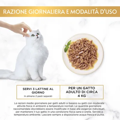 Razione giornaliera e modalità d'uso: servi 3 lattine al giorno in almeno 2 pasti separati per un gatto adulto di circa 4 kg. Consigli su adattamento delle quantità e acqua sempre disponibile.