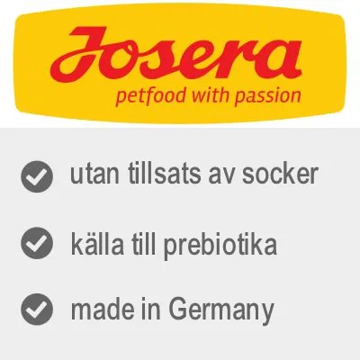 Josera petfood with passion. Utan tillsats av socker, källa till prebiotika, made in Germany.